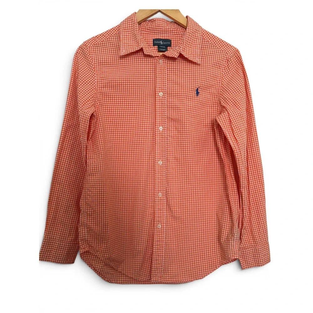 Polo Ralph Lauren Kids Orange Gingham Cotton Button Down Shirt L 14-16 Slim Fit